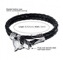 Cupimatch 팔찌 남자 스테인레스 스틸 늑대 머리 팔 체인 팔찌 고딕 빈티지 22cm 오토바이 팔찌 소년 팔찌, 실버/블랙
