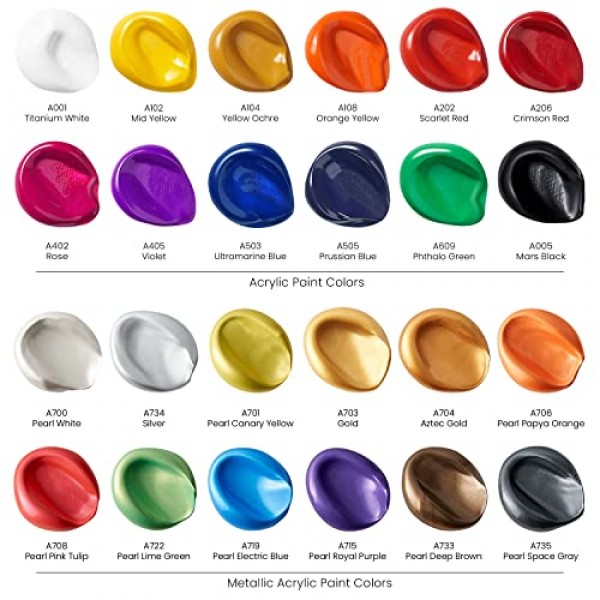 ARTEZA 아크릴 페인트 세트, 35피스 아트 세트, 아크릴 페인트 24개, 브러쉬 5개, 페인트 팔레트 1개, 페인트 칼 1개, 페인팅 패드 3개, 보관 케이스, 초보자 및 화가 지망생