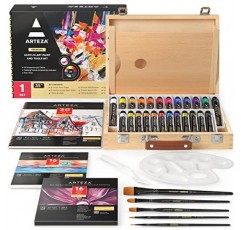 ARTEZA 아크릴 페인트 세트, 35피스 아트 세트, 아크릴 페인트 24개, 브러쉬 5개, 페인트 팔레트 1개, 페인트 칼 1개, 페인팅 패드 3개, 보관 케이스, 초보자 및 화가 지망생