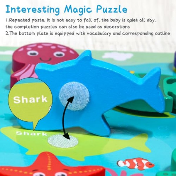 3세 이상 유아를 위한 MUSCELL 나무 퍼즐, 10PCS 해양 동물 찢기 & 찢기 나무 풀 컬러 퍼즐, 유아 퍼즐 학습 교육 유치원 장난감 소년 소녀를위한 선물