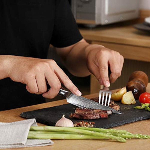 Sunnecko 주방 스테이크 나이프 5 인치 다마스커스 스테이크 나이프 VG-10 일본 강철 스테이크 나이프 풀 탱, 비 톱니 모양 스테이크 나이프 고탄소 스테인레스 스틸