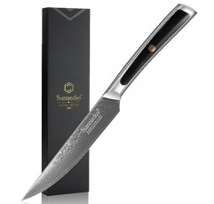 Sunnecko 주방 스테이크 나이프 5 인치 다마스커스 스테이크 나이프 VG-10 일본 강철 스테이크 나이프 풀 탱, 비 톱니 모양 스테이크 나이프 고탄소 스테인레스 스틸