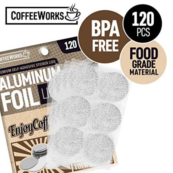 네스프레소 오리지널 라인 포드용 재사용 가능한 알루미늄 호일 씰 뚜껑 - 프리미엄 친환경 커피 포드 자가 접착 스티커 - 리필형 캡슐 및 머신과 호환 가능 - 37mm(120)