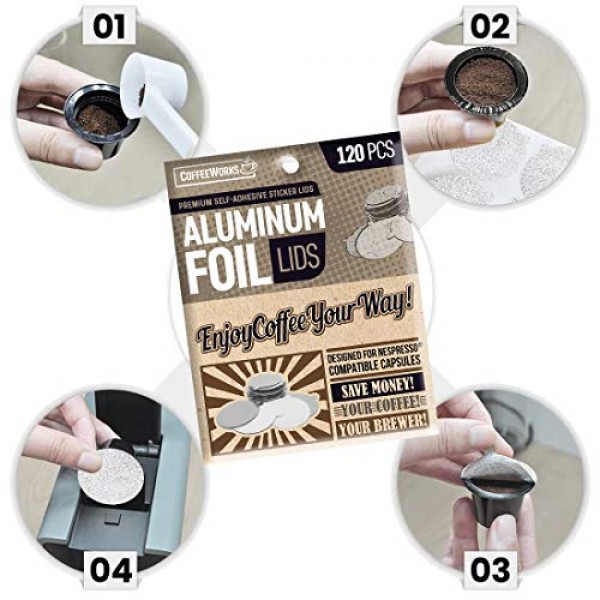 네스프레소 오리지널 라인 포드용 재사용 가능한 알루미늄 호일 씰 뚜껑 - 프리미엄 친환경 커피 포드 자가 접착 스티커 - 리필형 캡슐 및 머신과 호환 가능 - 37mm(120)