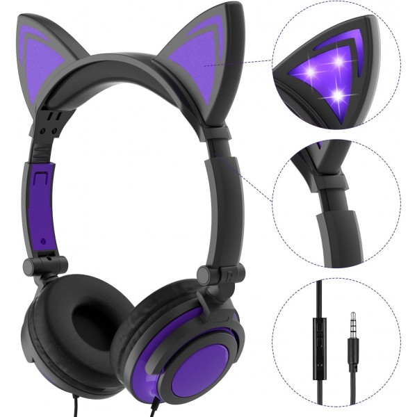 밝은 LED가 장착된 Olyre Kids 고양이 귀 헤드폰 스마트폰 태블릿 iPad 노트북용 3.5mm 오디오 케이블이 장착된 접이식 경량 헤드폰(퍼플 + 블랙)