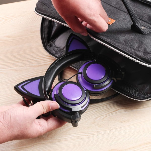 밝은 LED가 장착된 Olyre Kids 고양이 귀 헤드폰 스마트폰 태블릿 iPad 노트북용 3.5mm 오디오 케이블이 장착된 접이식 경량 헤드폰(퍼플 + 블랙)