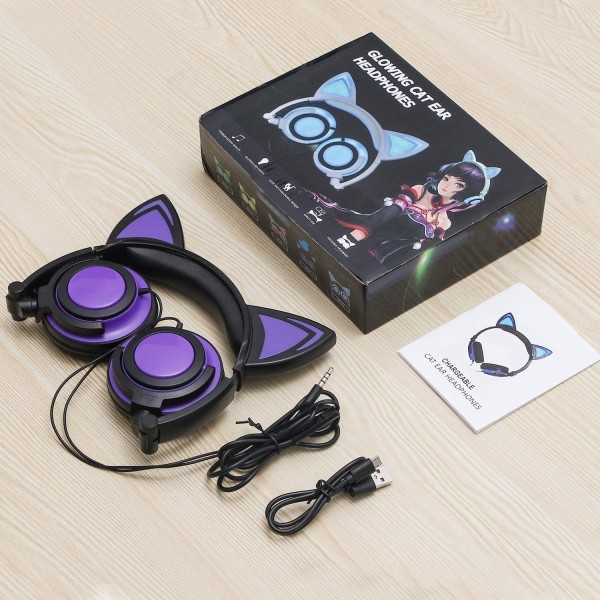 밝은 LED가 장착된 Olyre Kids 고양이 귀 헤드폰 스마트폰 태블릿 iPad 노트북용 3.5mm 오디오 케이블이 장착된 접이식 경량 헤드폰(퍼플 + 블랙)