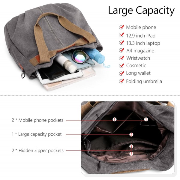 DIRRONA 캐주얼 여성 캔버스 숄더백 대용량 핸드백 여행 숄더백 다기능 여성 가방 여성 캔버스 가방 그레이