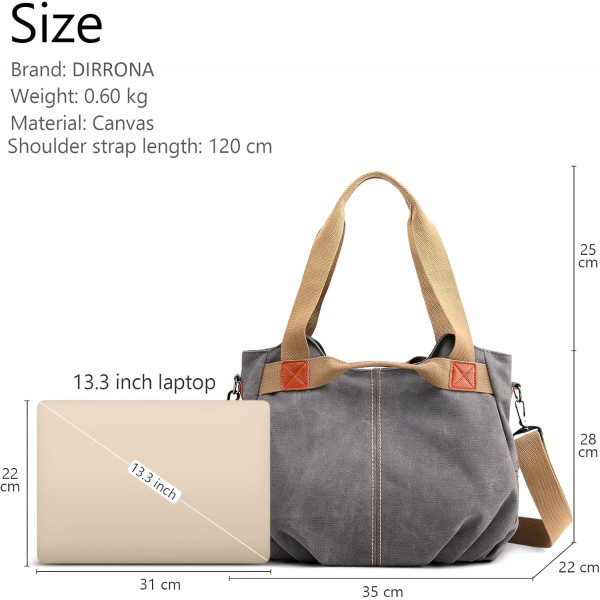 DIRRONA 캐주얼 여성 캔버스 숄더백 대용량 핸드백 여행 숄더백 다기능 여성 가방 여성 캔버스 가방 그레이