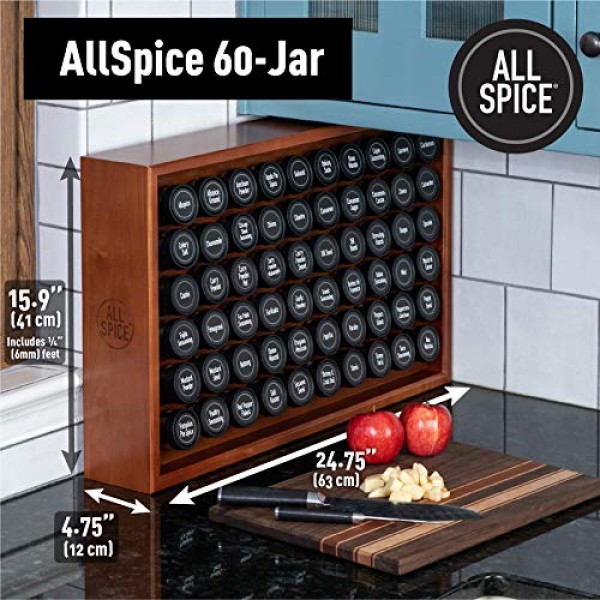 AllSpice 우드 스파이스 랙, 조리대 또는 벽걸이, 4온스 병 60개 포함 - 매트 화이트