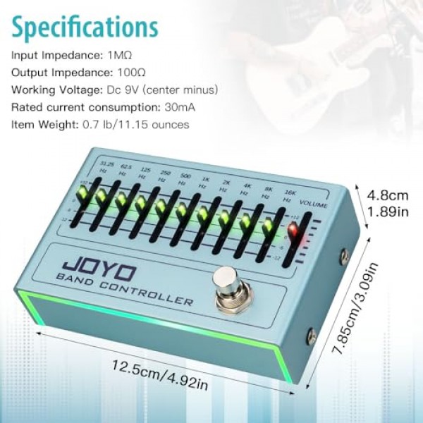 JOYO EQ 페달 10 밴드 이퀄라이저(31.25Hz-16kHz) 일렉트릭 기타 및 베이스용 4현/5현/6현/7현 기타(R-12) 포함