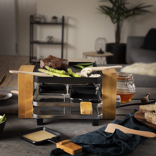 Princess SDA 162950 Raclette Pure 4 - 최대 인원 조절이 가능한 대나무 버전 800와트 팬 및 주걱, 01.162950.01.001, 대나무/블랙