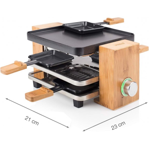 Princess SDA 162950 Raclette Pure 4 - 최대 인원 조절이 가능한 대나무 버전 800와트 팬 및 주걱, 01.162950.01.001, 대나무/블랙