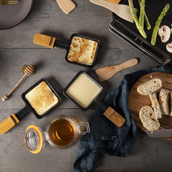 Princess SDA 162950 Raclette Pure 4 - 최대 인원 조절이 가능한 대나무 버전 800와트 팬 및 주걱, 01.162950.01.001, 대나무/블랙