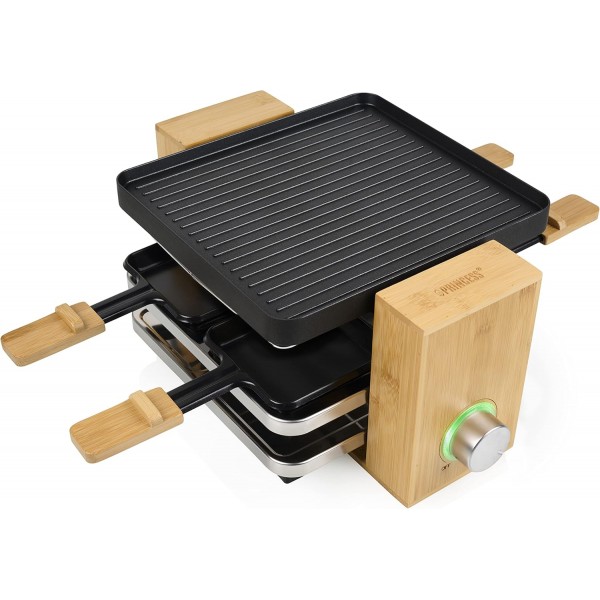 Princess SDA 162950 Raclette Pure 4 - 최대 인원 조절이 가능한 대나무 버전 800와트 팬 및 주걱, 01.162950.01.001, 대나무/블랙