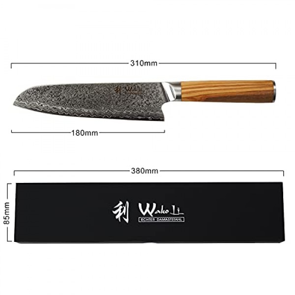 와콜리 다마스커스 산토쿠 칼날 7인치 67겹의 매우 날카로운 올리브 나무 손잡이가 있는 정품 일본 다마스커스, 오리부 시리즈