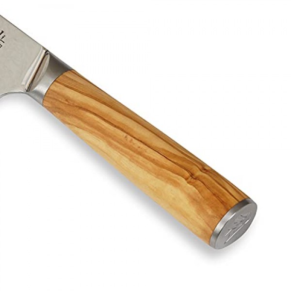 와콜리 다마스커스 산토쿠 칼날 7인치 67겹의 매우 날카로운 올리브 나무 손잡이가 있는 정품 일본 다마스커스, 오리부 시리즈