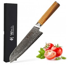 와콜리 다마스커스 산토쿠 칼날 7인치 67겹의 매우 날카로운 올리브 나무 손잡이가 있는 정품 일본 다마스커스, 오리부 시리즈