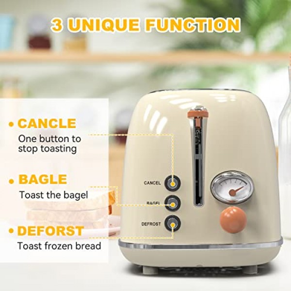 토스터 2슬라이스, KitchMix 레트로 스테인레스 스틸 토스터, 6가지 설정, 1.5인치 초대형 슬롯, 베이글/해동/취소 기능, 탈착식 빵 부스러기 트레이(크림)