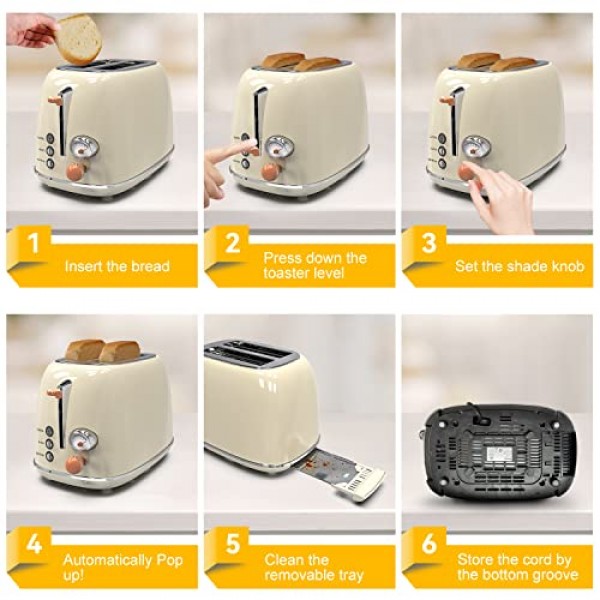 토스터 2슬라이스, KitchMix 레트로 스테인레스 스틸 토스터, 6가지 설정, 1.5인치 초대형 슬롯, 베이글/해동/취소 기능, 탈착식 빵 부스러기 트레이(크림)