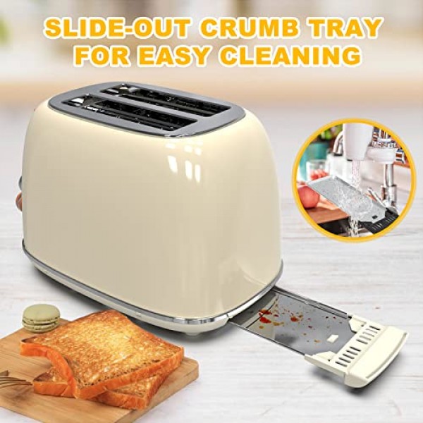토스터 2슬라이스, KitchMix 레트로 스테인레스 스틸 토스터, 6가지 설정, 1.5인치 초대형 슬롯, 베이글/해동/취소 기능, 탈착식 빵 부스러기 트레이(크림)