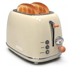 토스터 2슬라이스, KitchMix 레트로 스테인레스 스틸 토스터, 6가지 설정, 1.5인치 초대형 슬롯, 베이글/해동/취소 기능, 탈착식 빵 부스러기 트레이(크림)