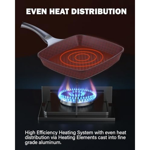 Cook N 홈 그릴 팬 스토브 상판용 붙지 않는 사각형, 다이캐스트 알루미늄 철판 팬 대리석 11인치 조리기구 프라이팬, 검정색