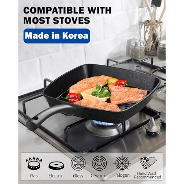 Cook N 홈 그릴 팬 스토브 상판용 붙지 않는 사각형, 다이캐스트 알루미늄 철판 팬 대리석 11인치 조리기구 프라이팬, 검정색