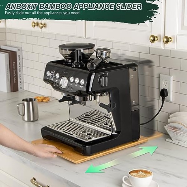 대나무 기기 슬라이더, 커피 메이커용 슬라이딩 트레이, 주방 조리대 기기 롤링 트레이, 고무 바퀴가 있는 커피 포트 슬라이더 트레이, 깊이 - 대형(16D x 12W)