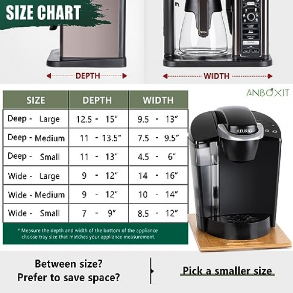 대나무 기기 슬라이더, 커피 메이커용 슬라이딩 트레이, 주방 조리대 기기 롤링 트레이, 고무 바퀴가 있는 커피 포트 슬라이더 트레이, 깊이 - 대형(16D x 12W)