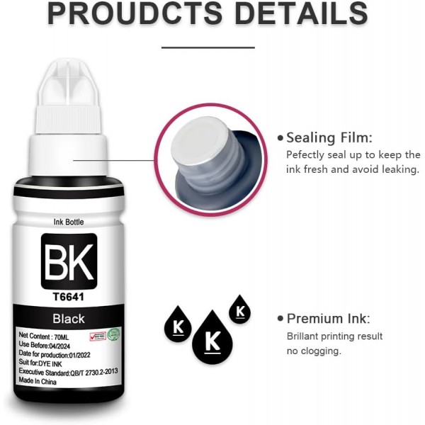 UniPlus 호환 잉크 카트리지 교체 T6641 T664 검정 70mL 염료 잉크 ET-2650 ET-2500 ET-2550 ET-2600 ET-3600 ET-4500 ET-4550 L350 L355 L555 L382,