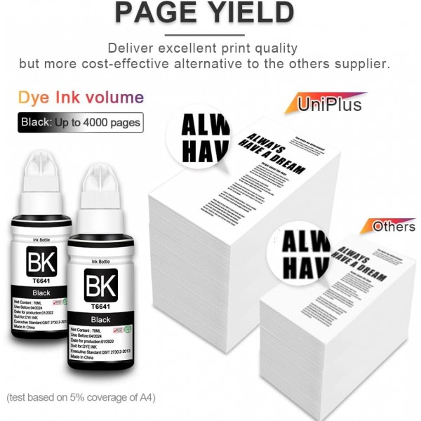 UniPlus 호환 잉크 카트리지 교체 T6641 T664 검정 70mL 염료 잉크 ET-2650 ET-2500 ET-2550 ET-2600 ET-3600 ET-4500 ET-4550 L350 L355 L555 L382,