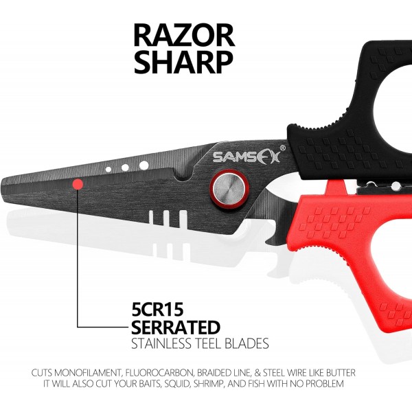 이중 톱니 모양 블레이드, 미끄럼 방지 손잡이, 단단한 칼집 및 코일 끈, Angelschere mit Titanbeschichtung(빨간색 및 검은색 Kraton 손잡이, 단단한 칼집)이 있는 SAMSFX 낚시 브레