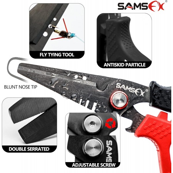 이중 톱니 모양 블레이드, 미끄럼 방지 손잡이, 단단한 칼집 및 코일 끈, Angelschere mit Titanbeschichtung(빨간색 및 검은색 Kraton 손잡이, 단단한 칼집)이 있는 SAMSFX 낚시 브레