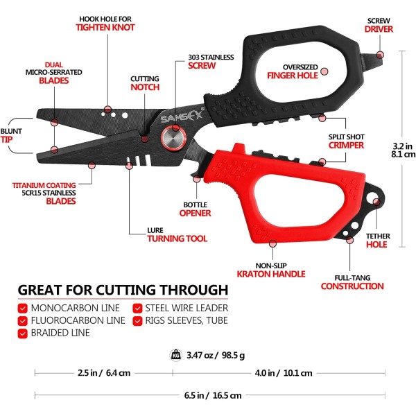 이중 톱니 모양 블레이드, 미끄럼 방지 손잡이, 단단한 칼집 및 코일 끈, Angelschere mit Titanbeschichtung(빨간색 및 검은색 Kraton 손잡이, 단단한 칼집)이 있는 SAMSFX 낚시 브레