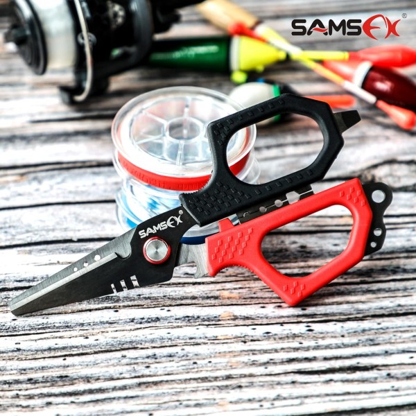 이중 톱니 모양 블레이드, 미끄럼 방지 손잡이, 단단한 칼집 및 코일 끈, Angelschere mit Titanbeschichtung(빨간색 및 검은색 Kraton 손잡이, 단단한 칼집)이 있는 SAMSFX 낚시 브레