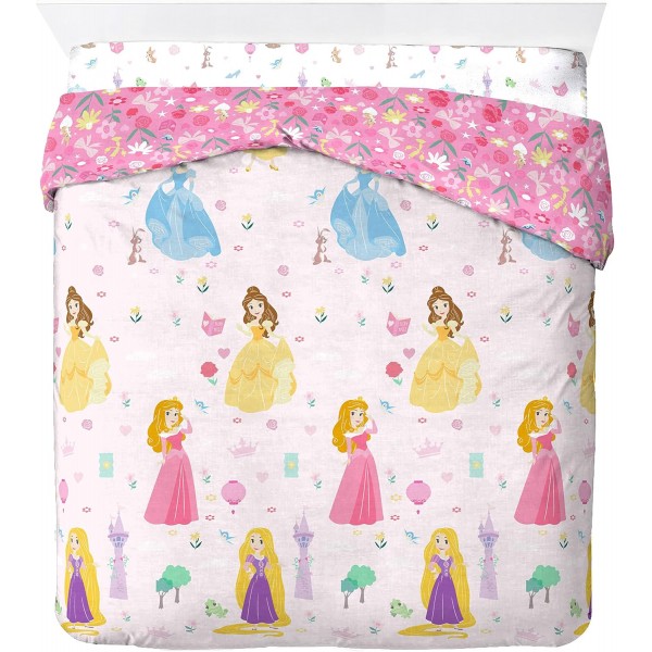 Jay Franco 디즈니 프린세스 컷 페이퍼 100% 면 4피스 더블 침구 세트 - 이불 커버, 장착 시트 및 베갯잇 포함 핑크 - 프린세스 더블