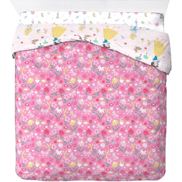 Jay Franco 디즈니 프린세스 컷 페이퍼 100% 면 4피스 더블 침구 세트 - 이불 커버, 장착 시트 및 베갯잇 포함 핑크 - 프린세스 더블