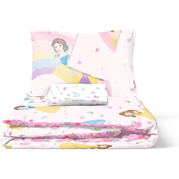 Jay Franco 디즈니 프린세스 컷 페이퍼 100% 면 4피스 더블 침구 세트 - 이불 커버, 장착 시트 및 베갯잇 포함 핑크 - 프린세스 더블