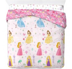 Jay Franco 디즈니 프린세스 컷 페이퍼 100% 면 4피스 더블 침구 세트 - 이불 커버, 장착 시트 및 베갯잇 포함 핑크 - 프린세스 더블