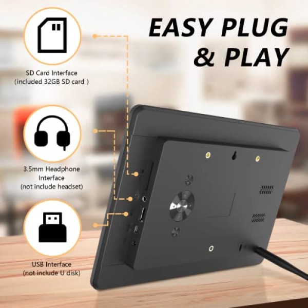 STUOGYUM 디지털 액자 10인치, 1920 x 1080P 풀 HD 16:9 전자 액자 IPS, 원격 제어, 자동 회전, 사진, 음악, 비디오, 달력, 알람 시계(32GB 메모리 포함)