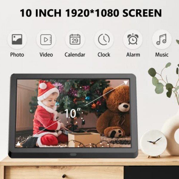 STUOGYUM 디지털 액자 10인치, 1920 x 1080P 풀 HD 16:9 전자 액자 IPS, 원격 제어, 자동 회전, 사진, 음악, 비디오, 달력, 알람 시계(32GB 메모리 포함)