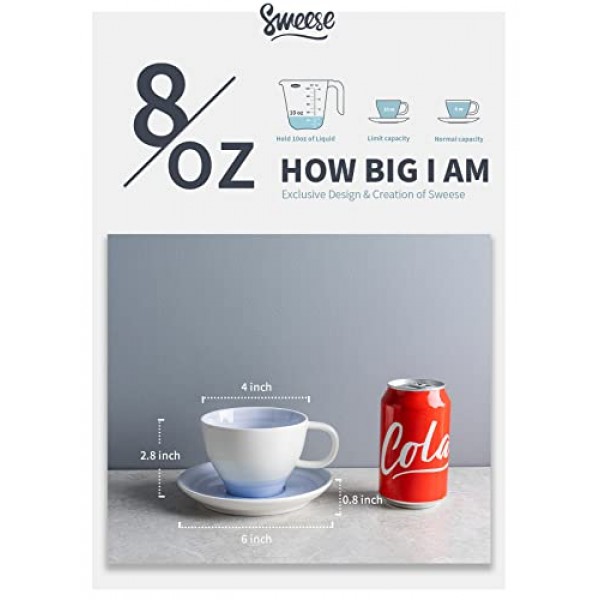 Sweese 도자기 티컵 및 접시 - 8온스 - 4개 세트, 라떼, 카푸치노, 카페 모카 및 차용 영국 커피 컵, 그라데이션 라일락