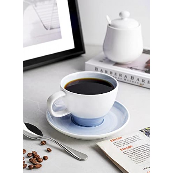 Sweese 도자기 티컵 및 접시 - 8온스 - 4개 세트, 라떼, 카푸치노, 카페 모카 및 차용 영국 커피 컵, 그라데이션 라일락