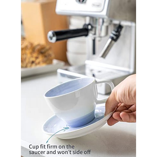 Sweese 도자기 티컵 및 접시 - 8온스 - 4개 세트, 라떼, 카푸치노, 카페 모카 및 차용 영국 커피 컵, 그라데이션 라일락