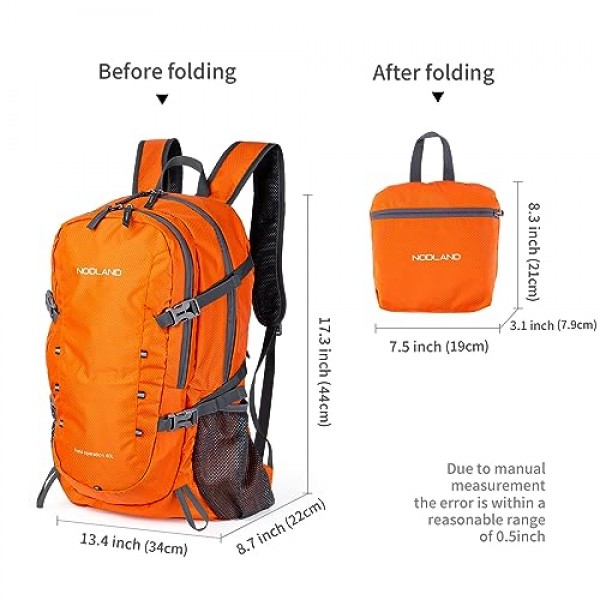 NODLAND 40L 경량 하이킹 배낭 방수 포장 가능 데이팩