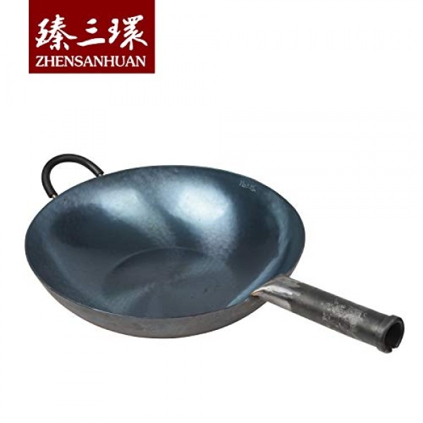 ZhenSanHuan HandHammered Iron Wok 플랫 바닥 유도 적합(도움말이 있는 34CM 철 손잡이)