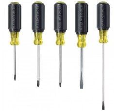 Klein Tools 80031 드라이버 세트, 5피스 키트에는 슬롯형 2개, 십자 드라이버 2개 및 사각 팁 드라이버 1개가 포함되어 있으며 쿠션 그립이 편안합니다.