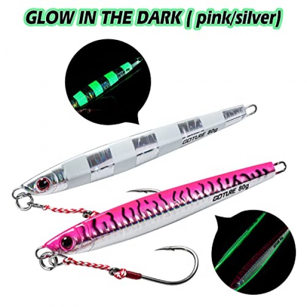 Goture 낚시 지그 바닷물 60g-200g 보조 후크 포함, 글로우 수직 지그, 속도 빠른 리드 지그 참치, 연어, 돛새치, 줄무늬 농어, 그룹화 도미, 킹피시용 바다 낚시 지그 스푼 