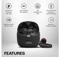 JBL Tune Flex TWS - 방수, 완전 무선, 검은색 노이즈 캔슬링 인이어 헤드폰 - 최대 32시간 음악 재생